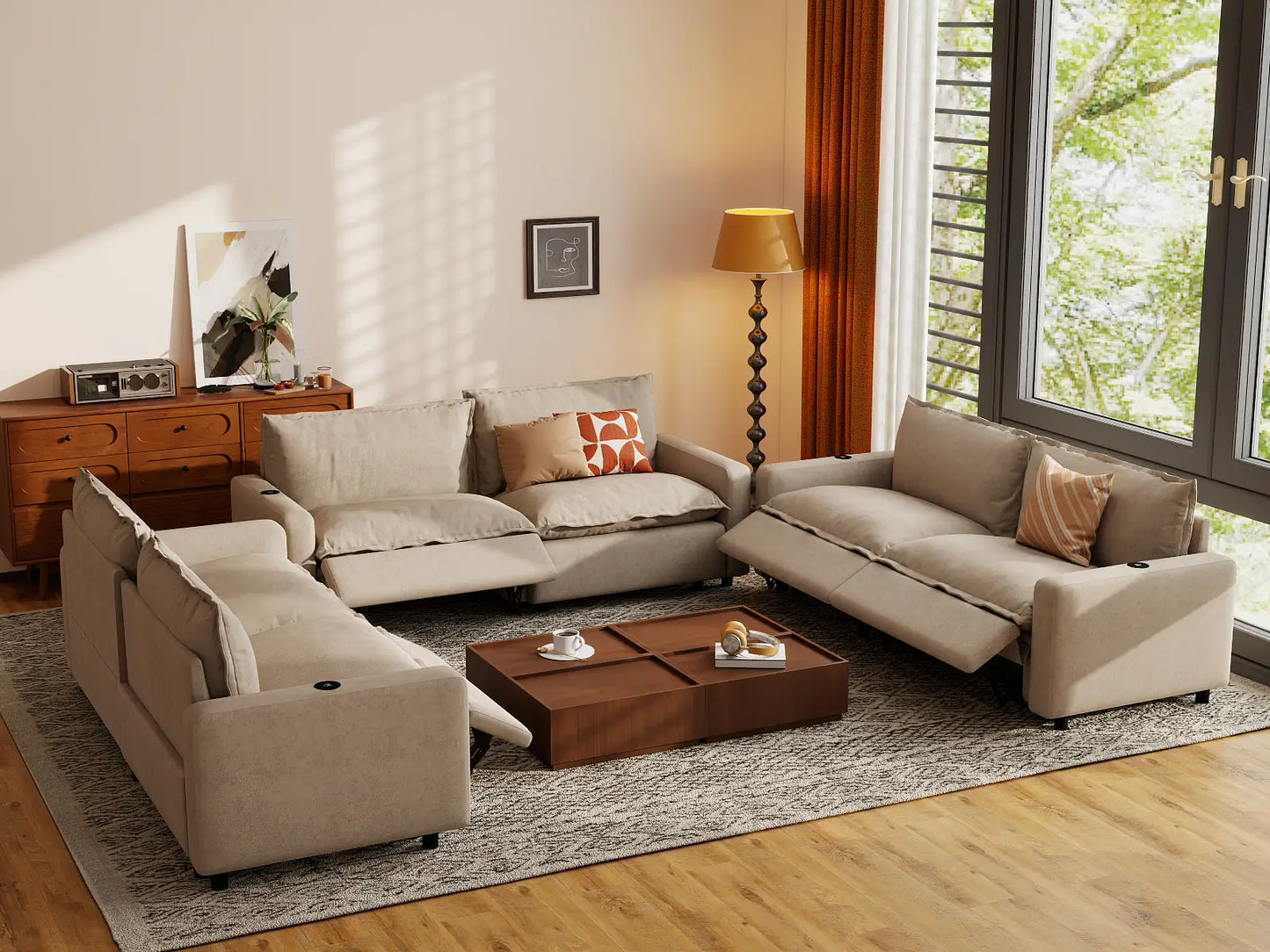 Modular Cero Reclining Sectionals | 6-Piece Khaki Linen Large Space U-Shaped Sectionals 6-Seater