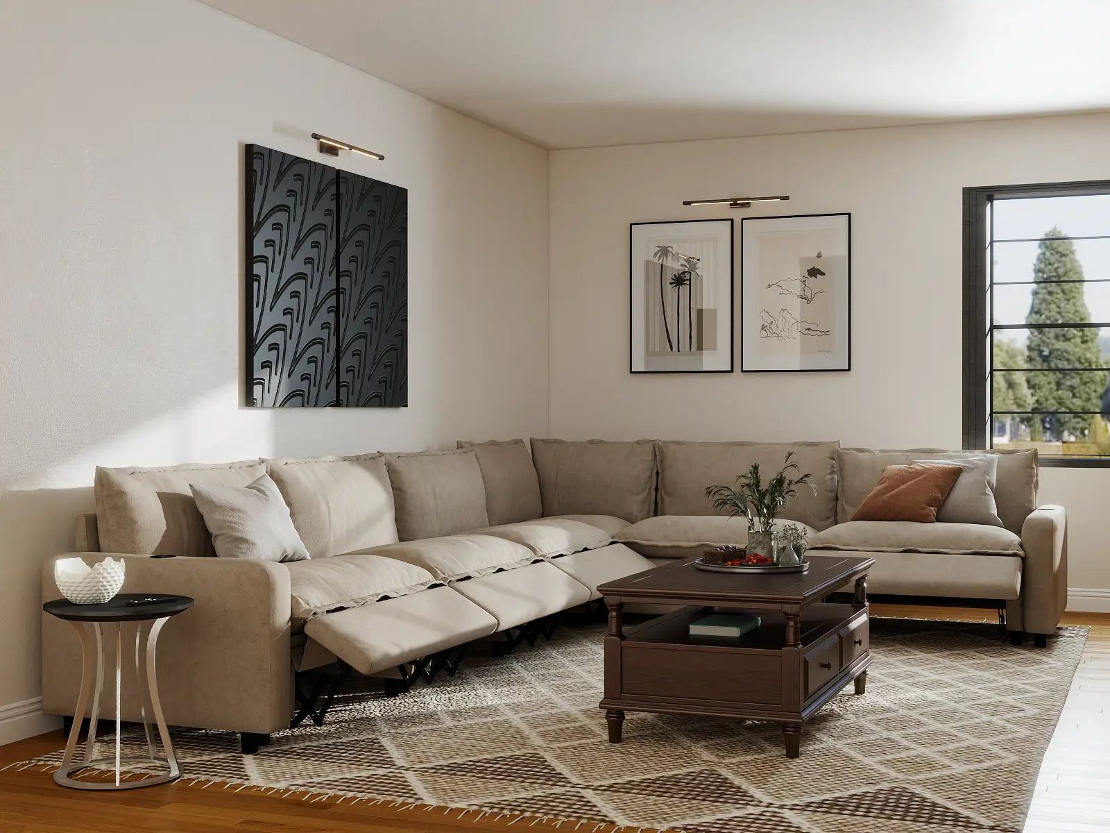 Modular Cero Sectional with Recliner | 6-Piece Khaki Linen Large Space V-Shaped Sectionals 6-Seater