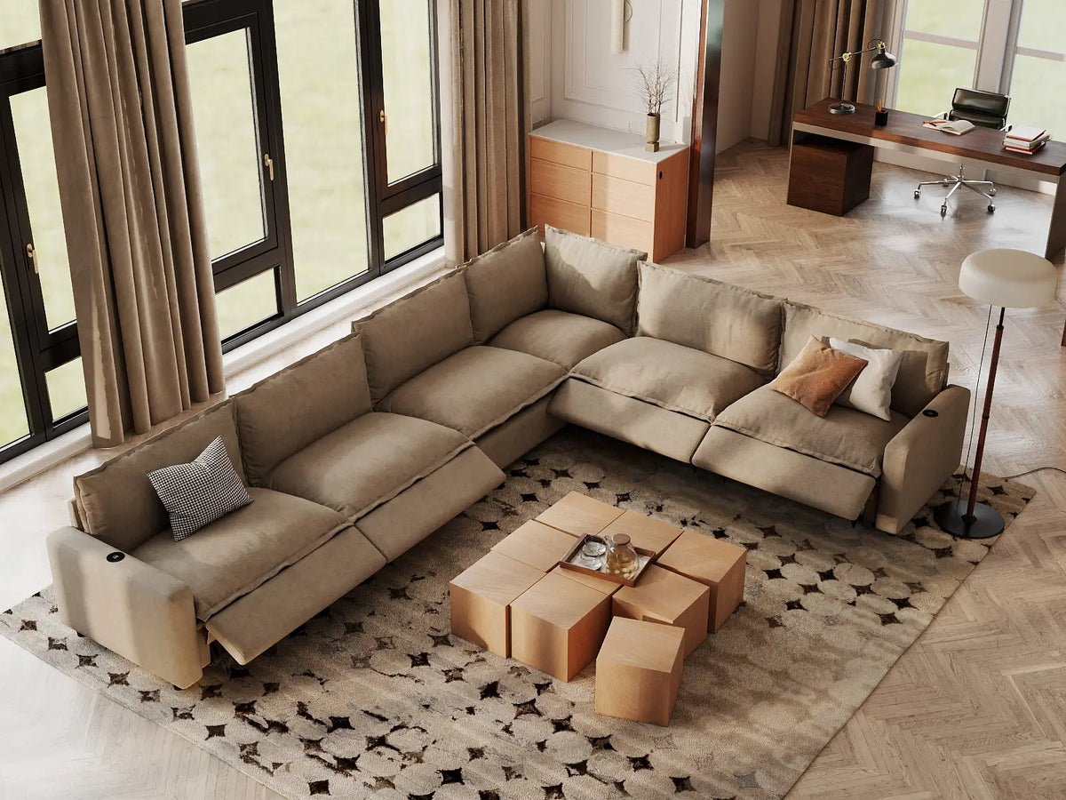 Modular Cero Reclining Sectionals | 6-Piece Khaki Linen Large Space V-Shaped Sectionals 6-Seater