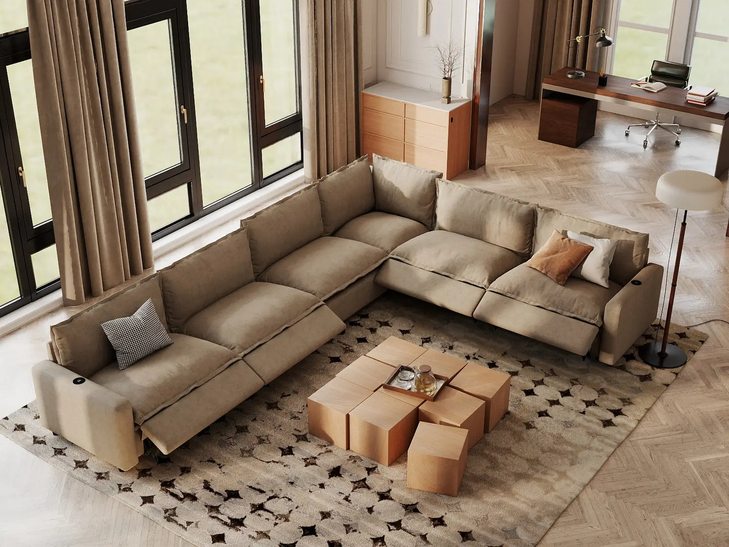 Modular Cero Reclining Sectionals | 6-Piece Khaki Linen Large Space V-Shaped Sectionals 6-Seater