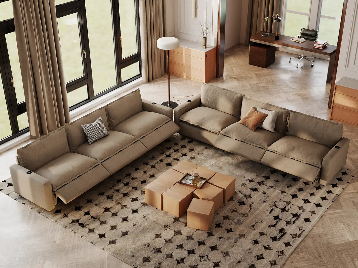 Modular Cero Reclining Sectionals | 6-Piece Khaki Linen Large Space V-Shaped Sectionals 6-Seater
