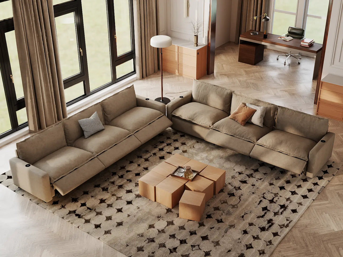 Modular Cero Reclining Sectionals | 6-Piece Khaki Linen Large Space V-Shaped Sectionals 6-Seater