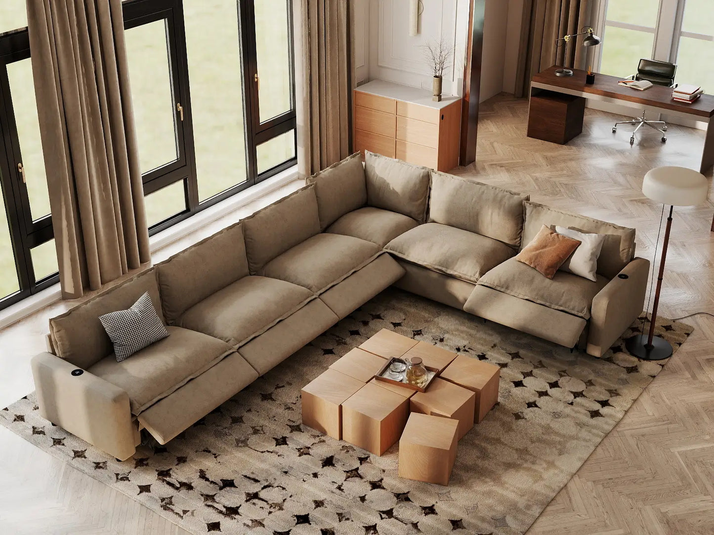 Modular Cero Reclining Sectionals | 6-Piece Khaki Linen Large Space V-Shaped Sectionals 6-Seater
