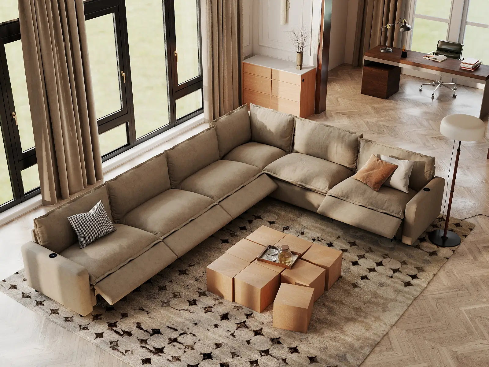 Modular Cero Sectional with Recliner | 6-Piece Khaki Linen Large Space V-Shaped Sectionals 6-Seater