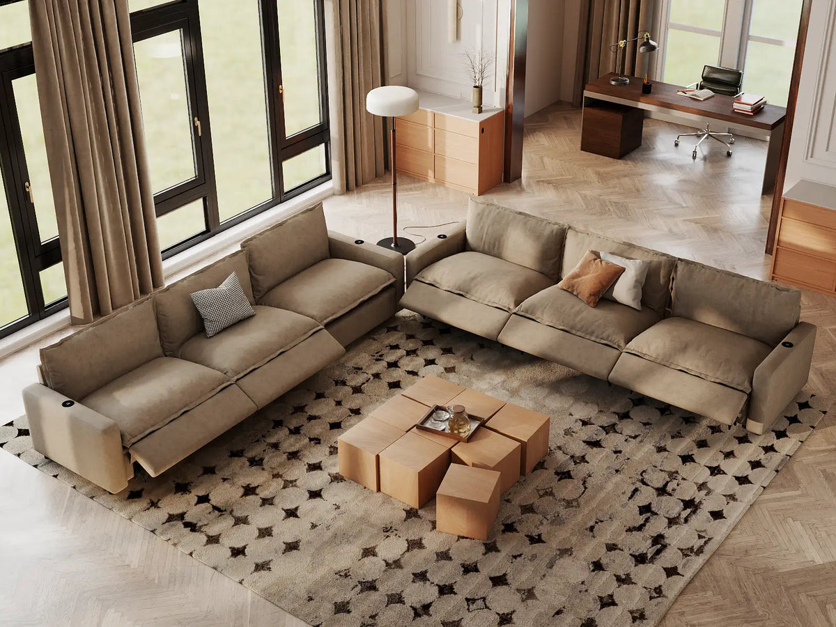Modular Cero Reclining Sectionals | 6-Piece Khaki Linen Large Space V-Shaped Sectionals 6-Seater