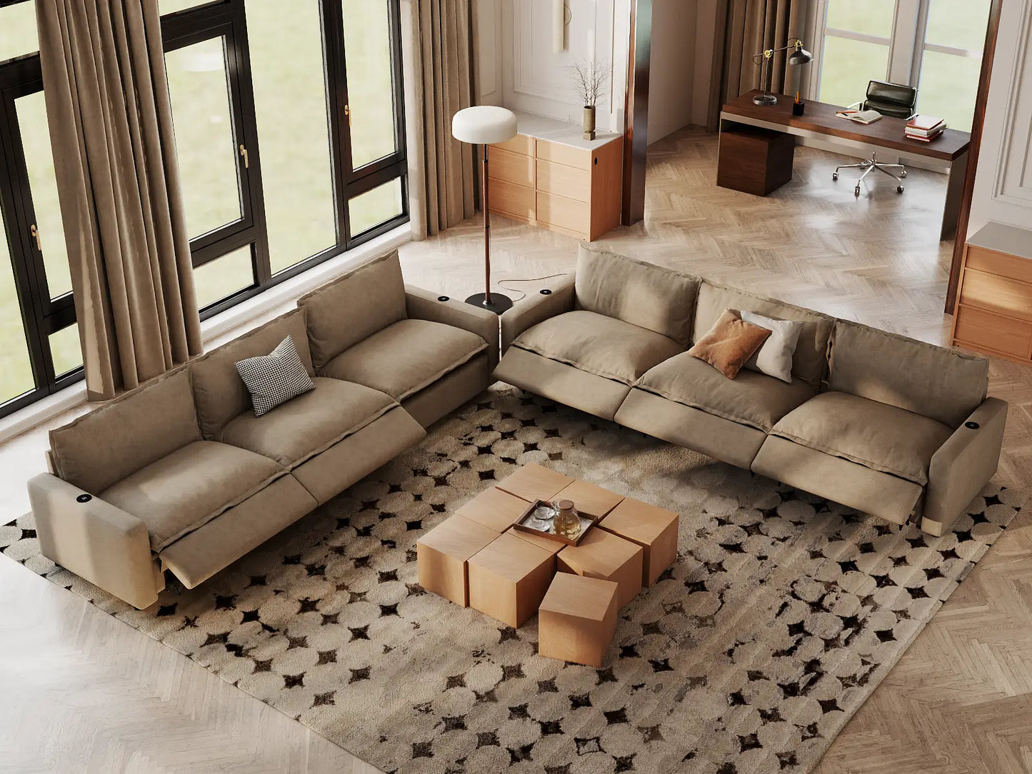 Modular Cero Reclining Sectionals | 6-Piece Khaki Linen Large Space V-Shaped Sectionals 6-Seater