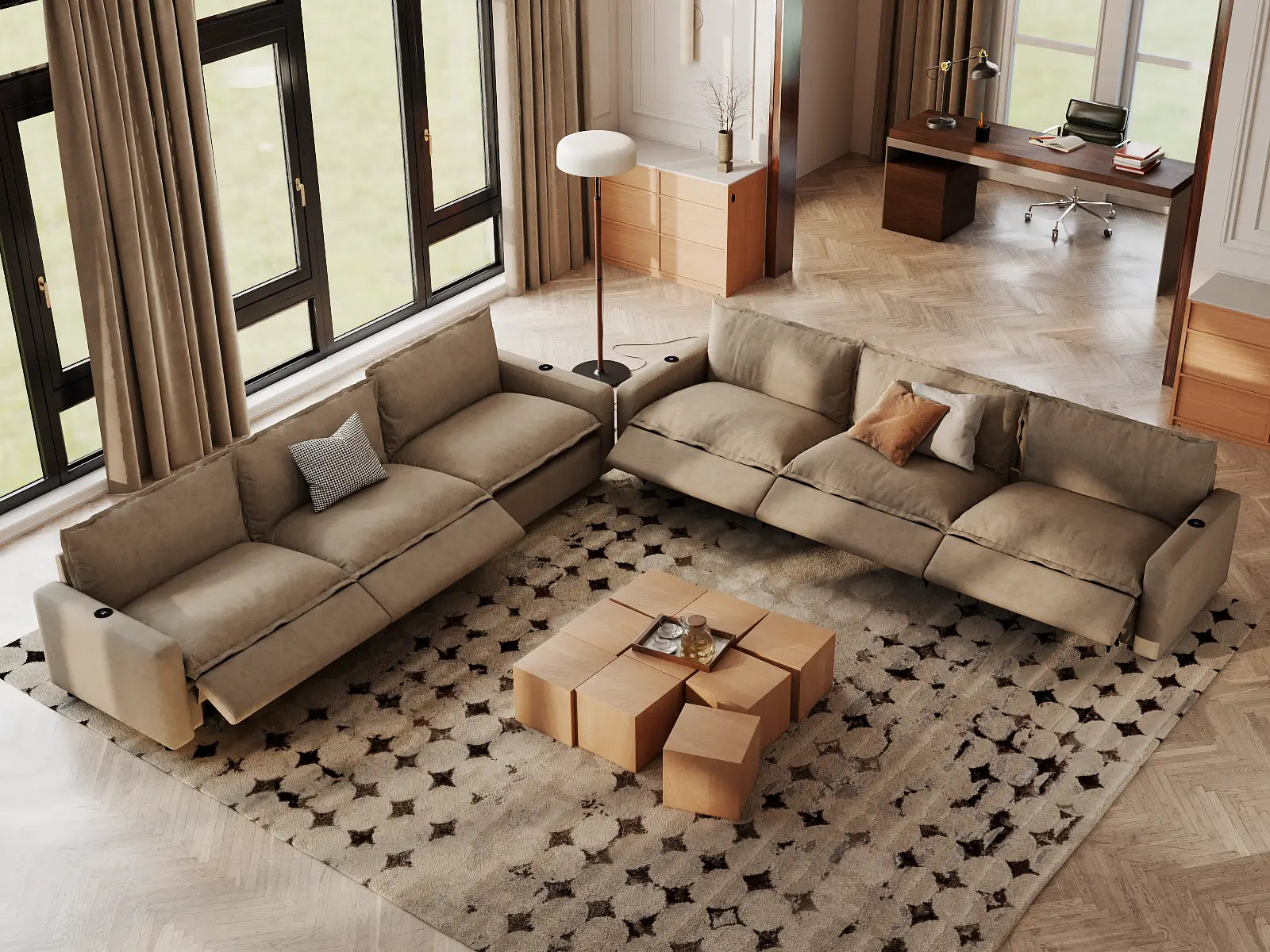 Modular Cero Reclining Sectional Sofa | 6-Piece Khaki Linen Large Space V-Shaped Sectionals 6-Seater