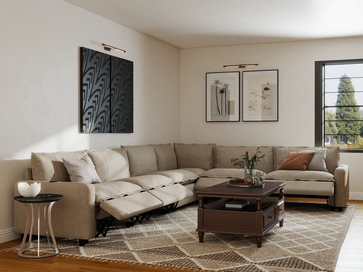 Modular Cero Reclining Sectionals | 6-Piece Khaki Linen Large Space V-Shaped Sectionals 6-Seater