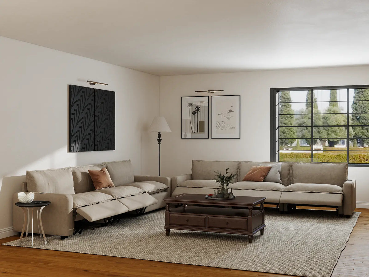Modular Cero Reclining Sectionals | 6-Piece Khaki Linen Large Space V-Shaped Sectionals 6-Seater