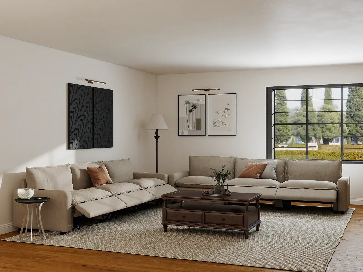 Modular Cero Reclining Sectionals | 6-Piece Khaki Linen Large Space V-Shaped Sectionals 6-Seater