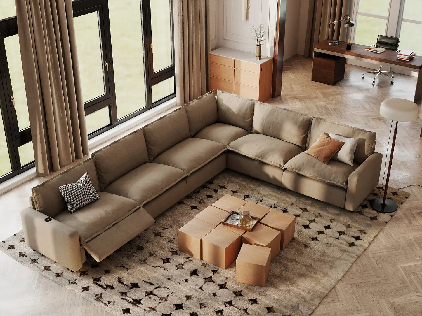 Modular Cero Reclining Sectionals | 6-Piece Khaki Linen Large Space V-Shaped Sectionals 6-Seater