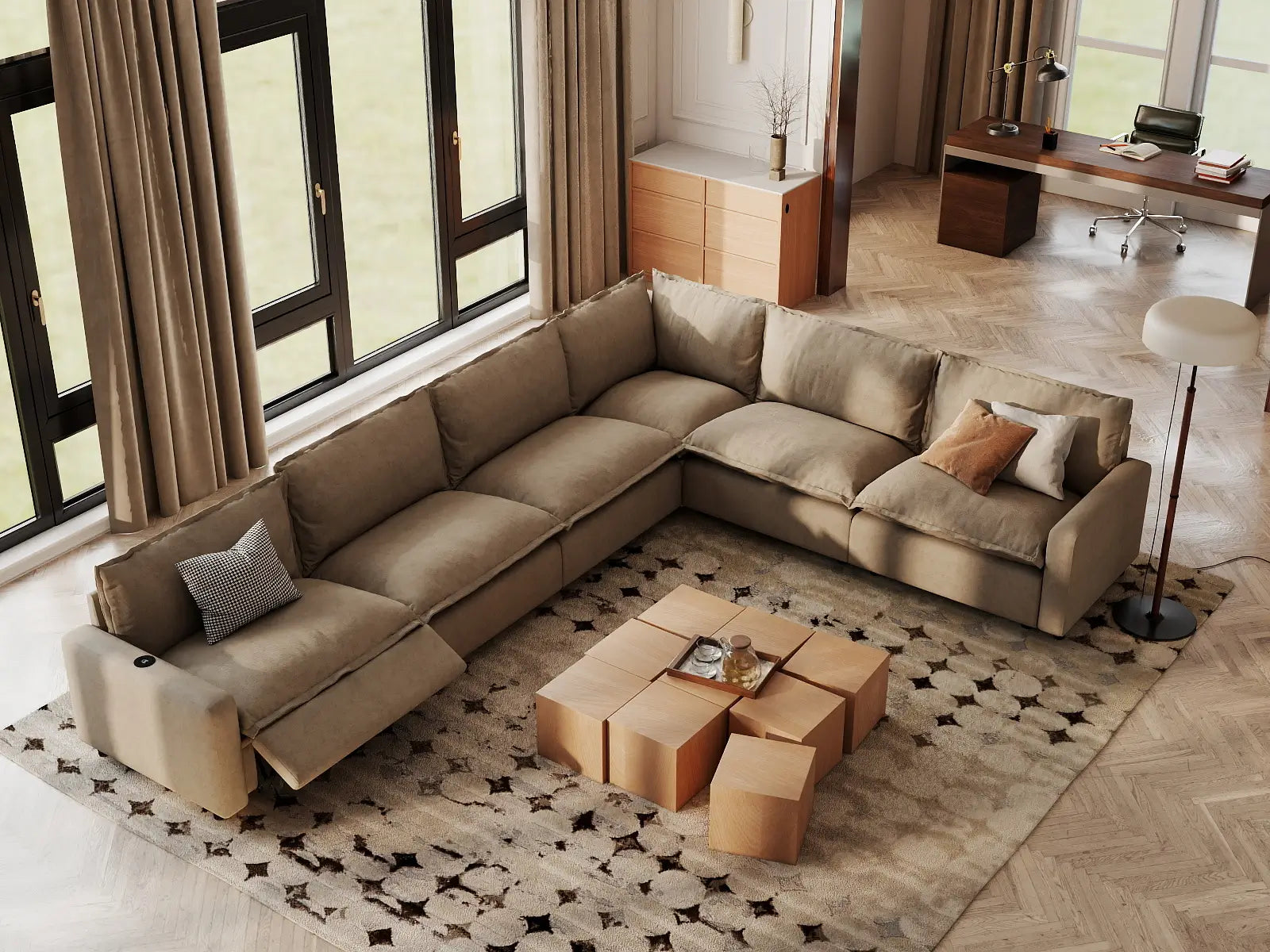 Modular Cero Recliner Sectional | 6-Piece Khaki Linen Large Space V-Shaped Sectionals 6-Seater