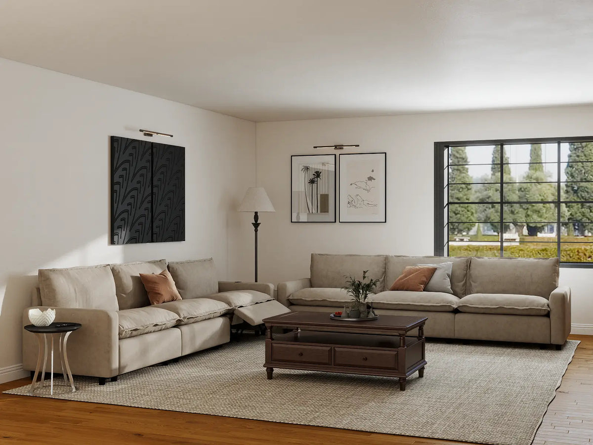 Modular Cero Reclining Sectionals | 6-Piece Khaki Linen Large Space V-Shaped Sectionals 6-Seater