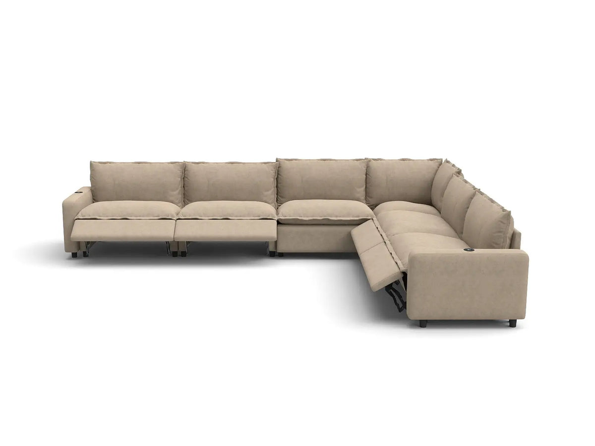 Modular Cero Reclining Sectionals | 6-Piece Khaki Linen Large Space V-Shaped Sectionals 6-Seater