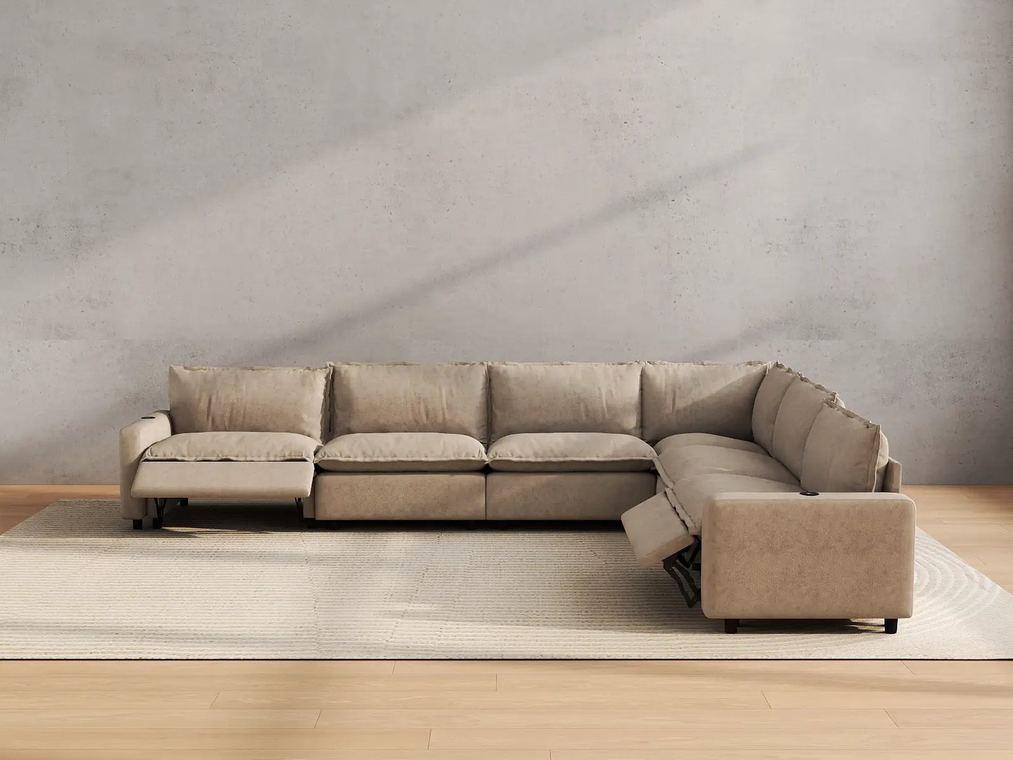 Modular Cero Reclining Sectionals | 6-Piece Khaki Linen Large Space V-Shaped Sectionals 6-Seater