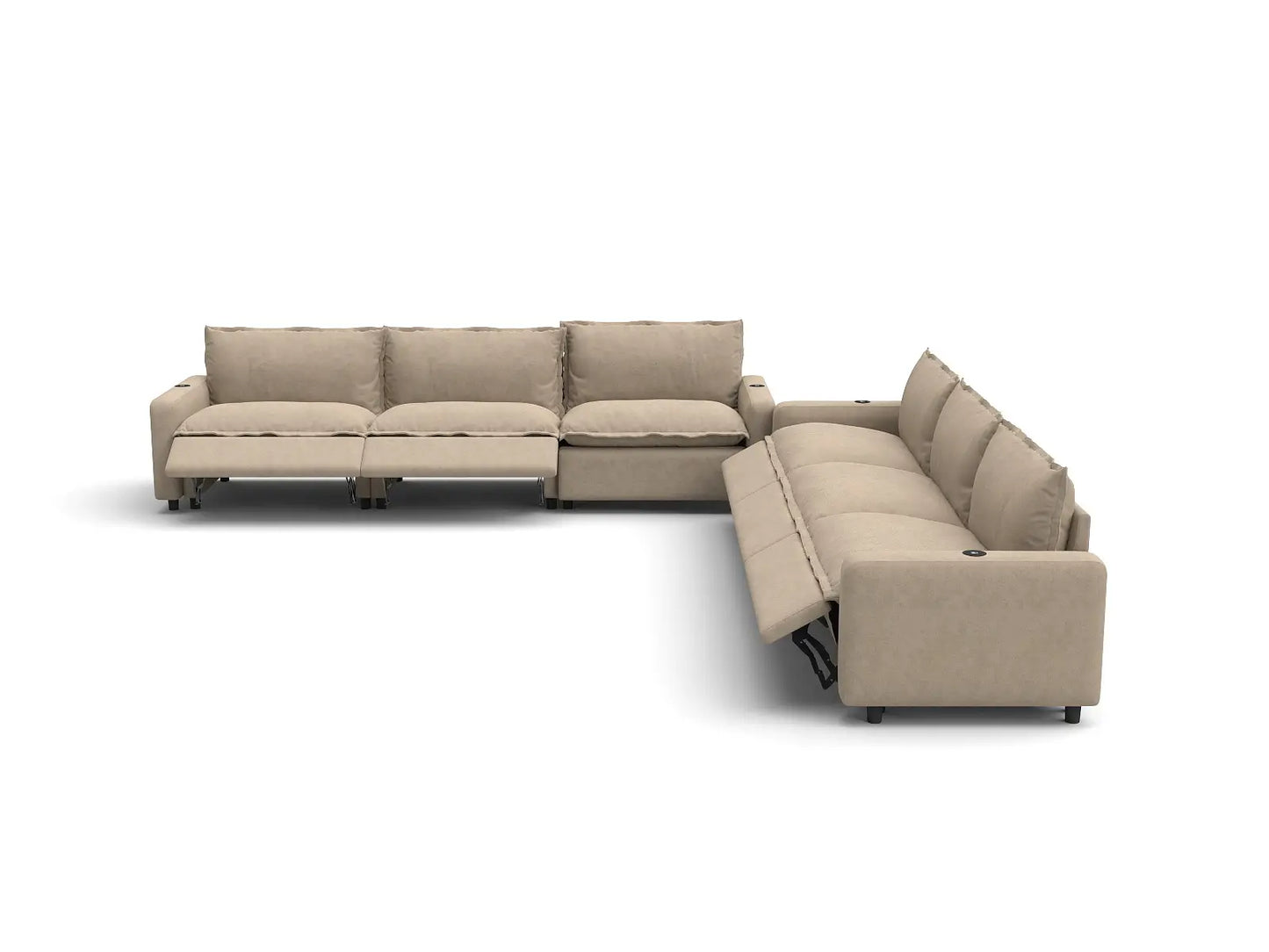 Modular Cero Reclining Sectionals | 6-Piece Khaki Linen Large Space V-Shaped Sectionals 6-Seater