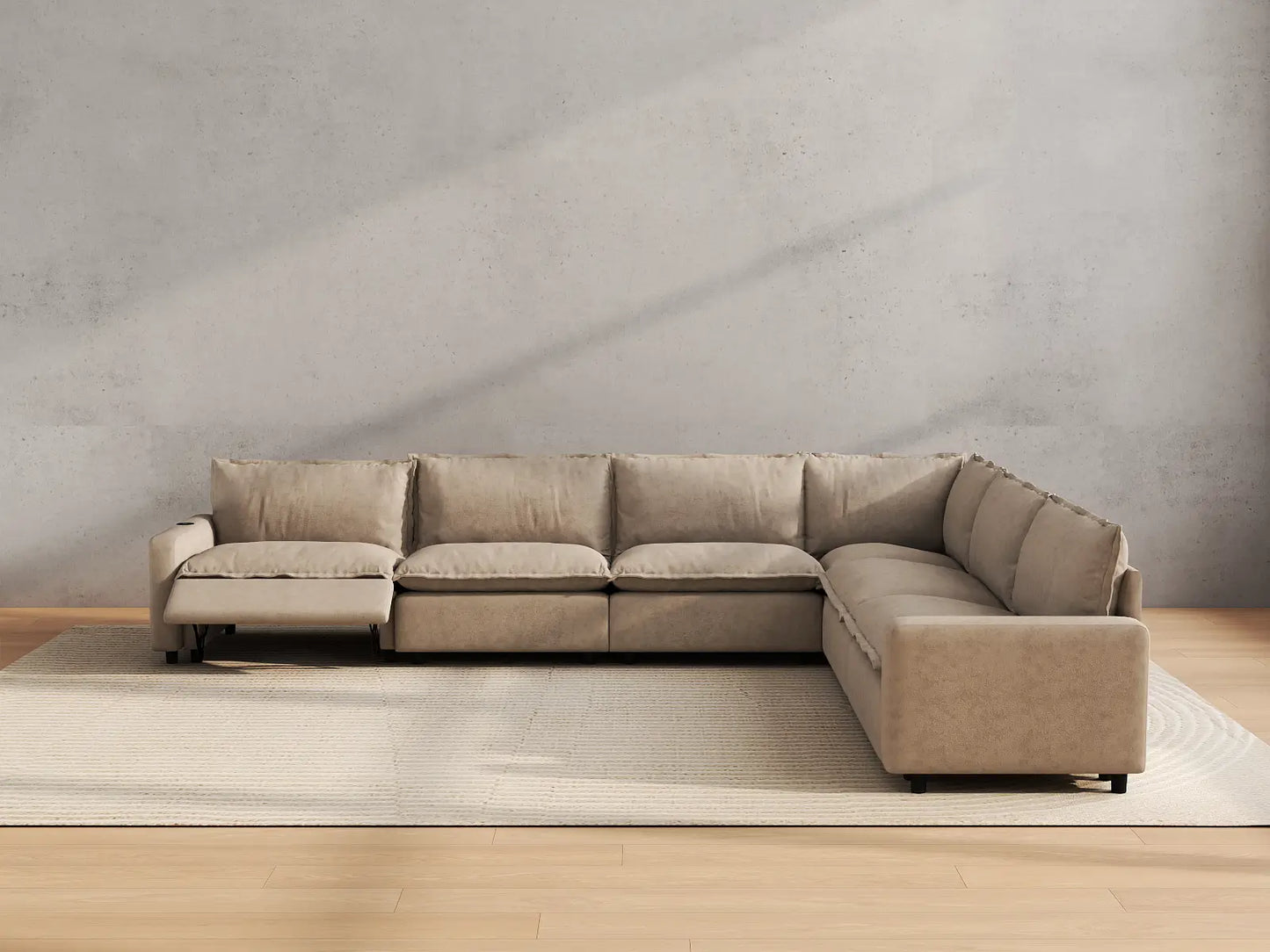 Modular Cero Reclining Sectionals | 6-Piece Khaki Linen Large Space V-Shaped Sectionals 6-Seater