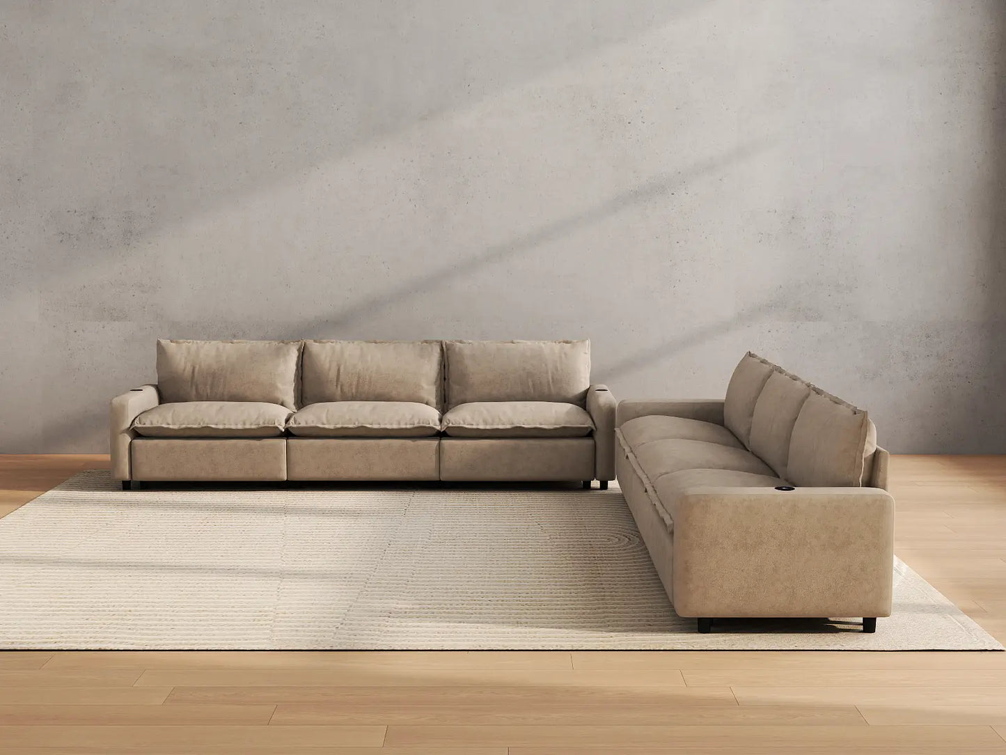 Modular Cero Reclining Sectionals | 6-Piece Khaki Linen Large Space V-Shaped Sectionals 6-Seater