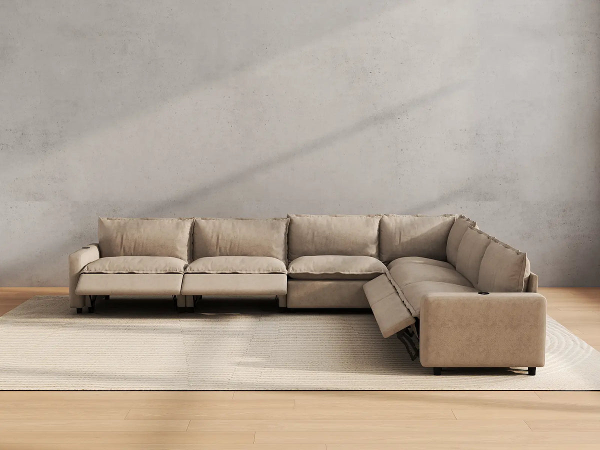 Modular Cero Reclining Sectionals | 6-Piece Khaki Linen Large Space V-Shaped Sectionals 6-Seater