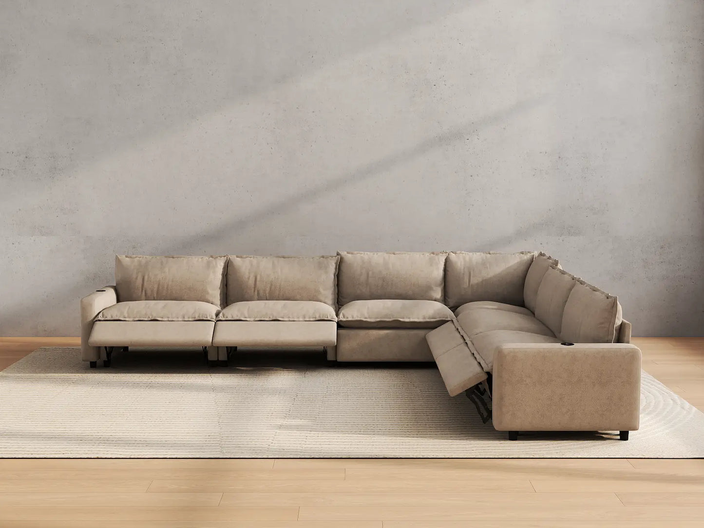 Modular Cero Reclining Sectionals | 6-Piece Khaki Linen Large Space V-Shaped Sectionals 6-Seater