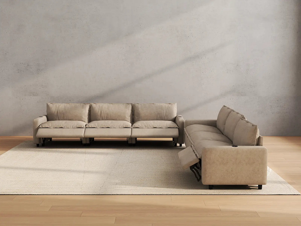 Modular Cero Reclining Sectionals | 6-Piece Khaki Linen Large Space V-Shaped Sectionals 6-Seater