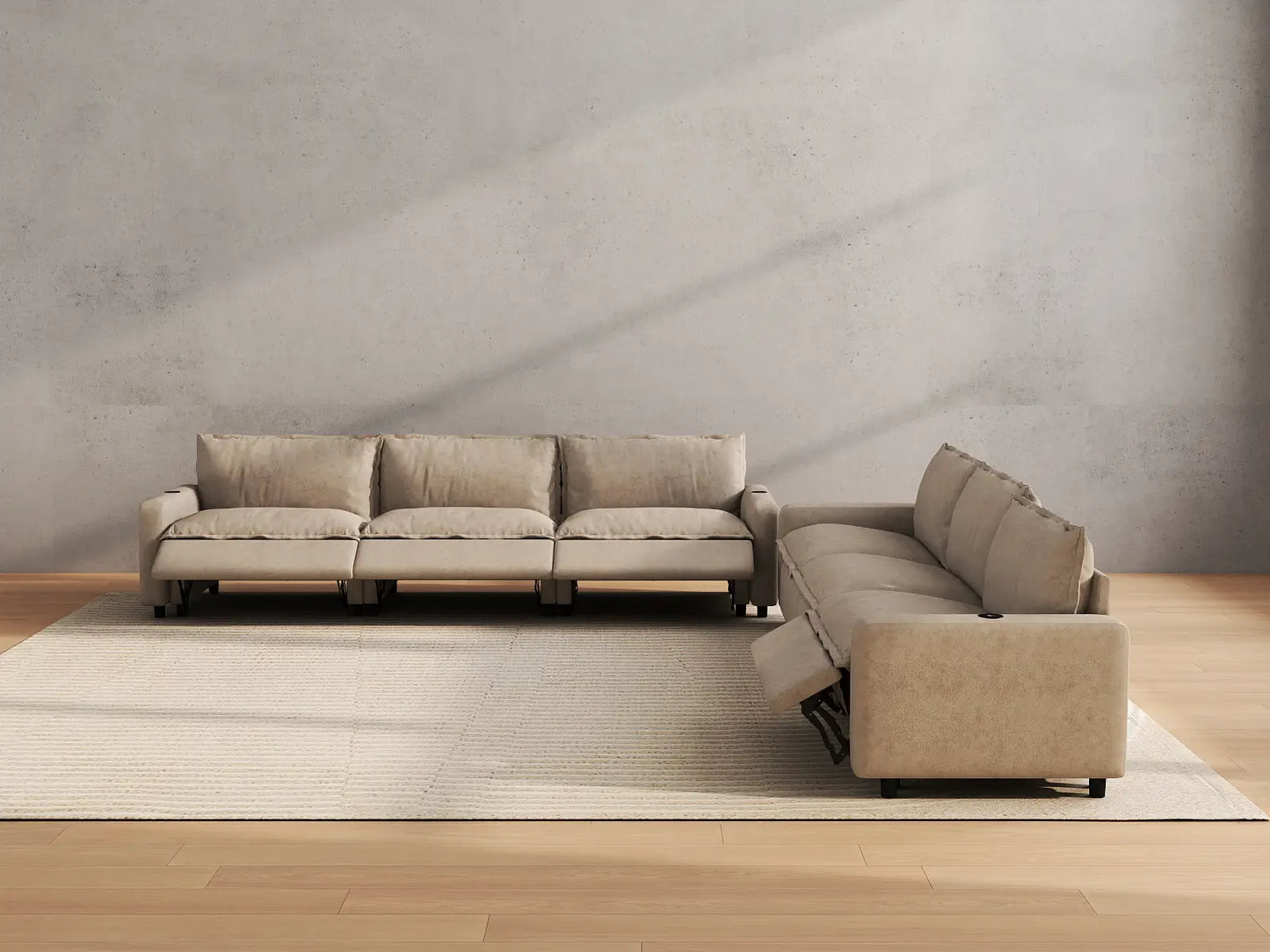 Modular Cero Reclining Sectionals | 6-Piece Khaki Linen Large Space V-Shaped Sectionals 6-Seater