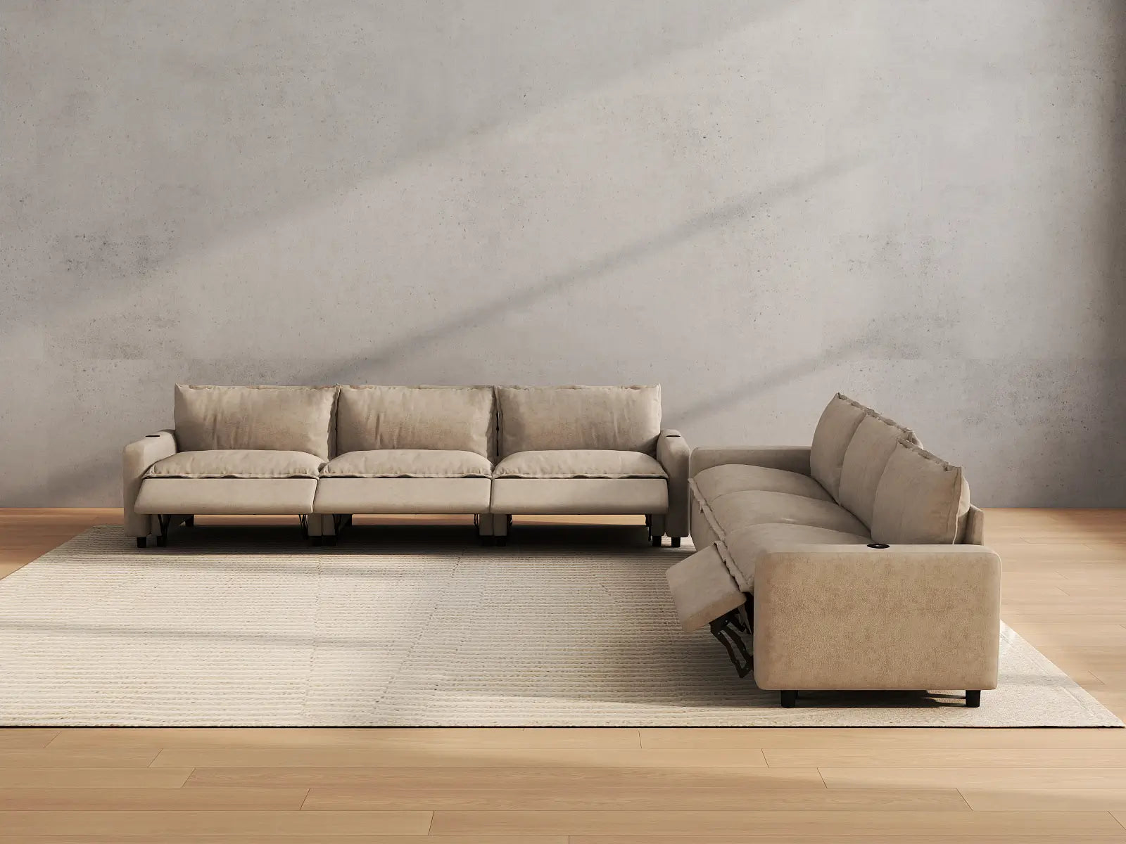 Modular Cero Reclining Sectional Couch | 6-Piece Khaki Linen Large Space V-Shaped Sectionals 6-Seater