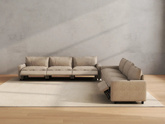 Modular Cero Reclining Sectionals | 6-Piece Khaki Linen Large Space V-Shaped Sectionals 6-Seater