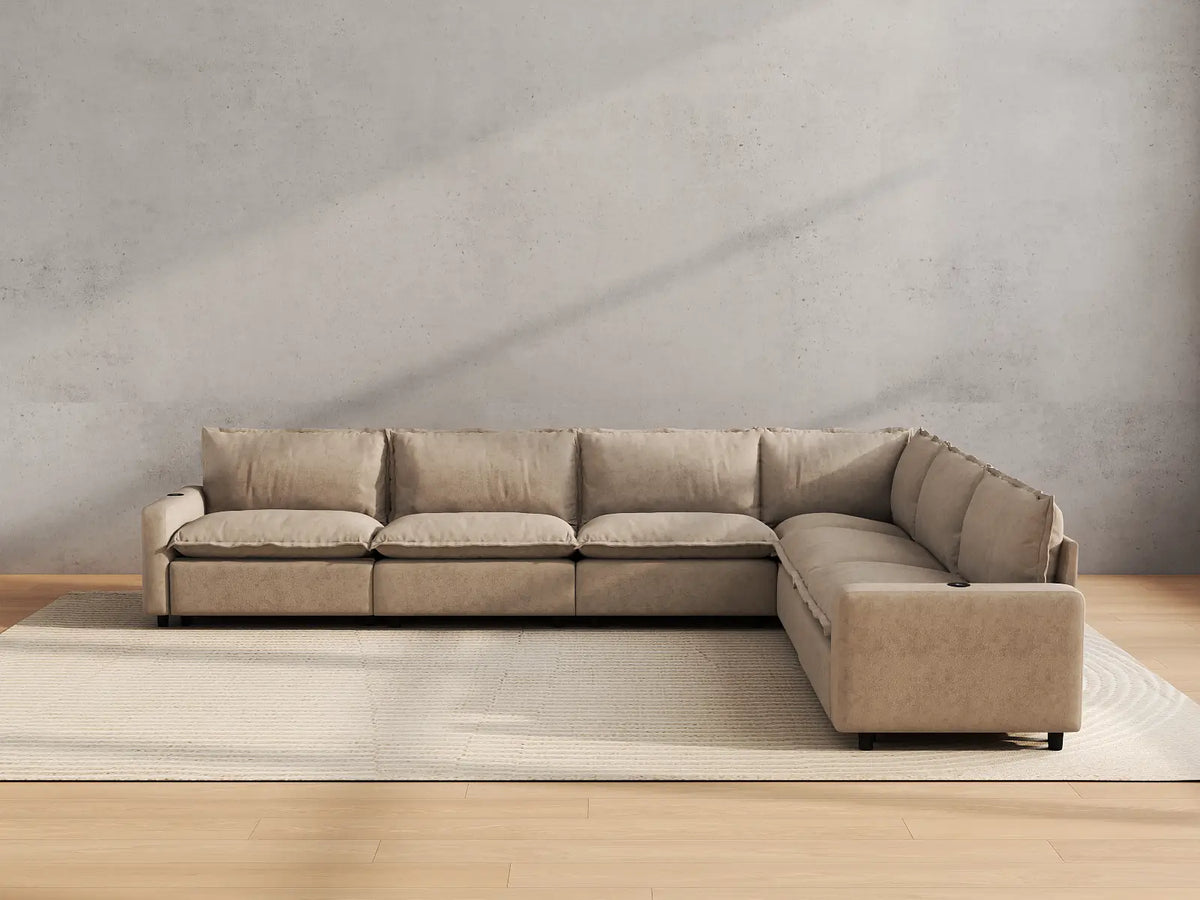 Modular Cero Reclining Sectionals | 6-Piece Khaki Linen Large Space V-Shaped Sectionals 6-Seater