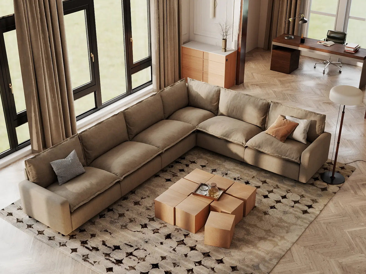 Modular Cero Modular Sectionals | 6-Piece Khaki Linen Large Space V-Shaped Sectionals 6-Seater