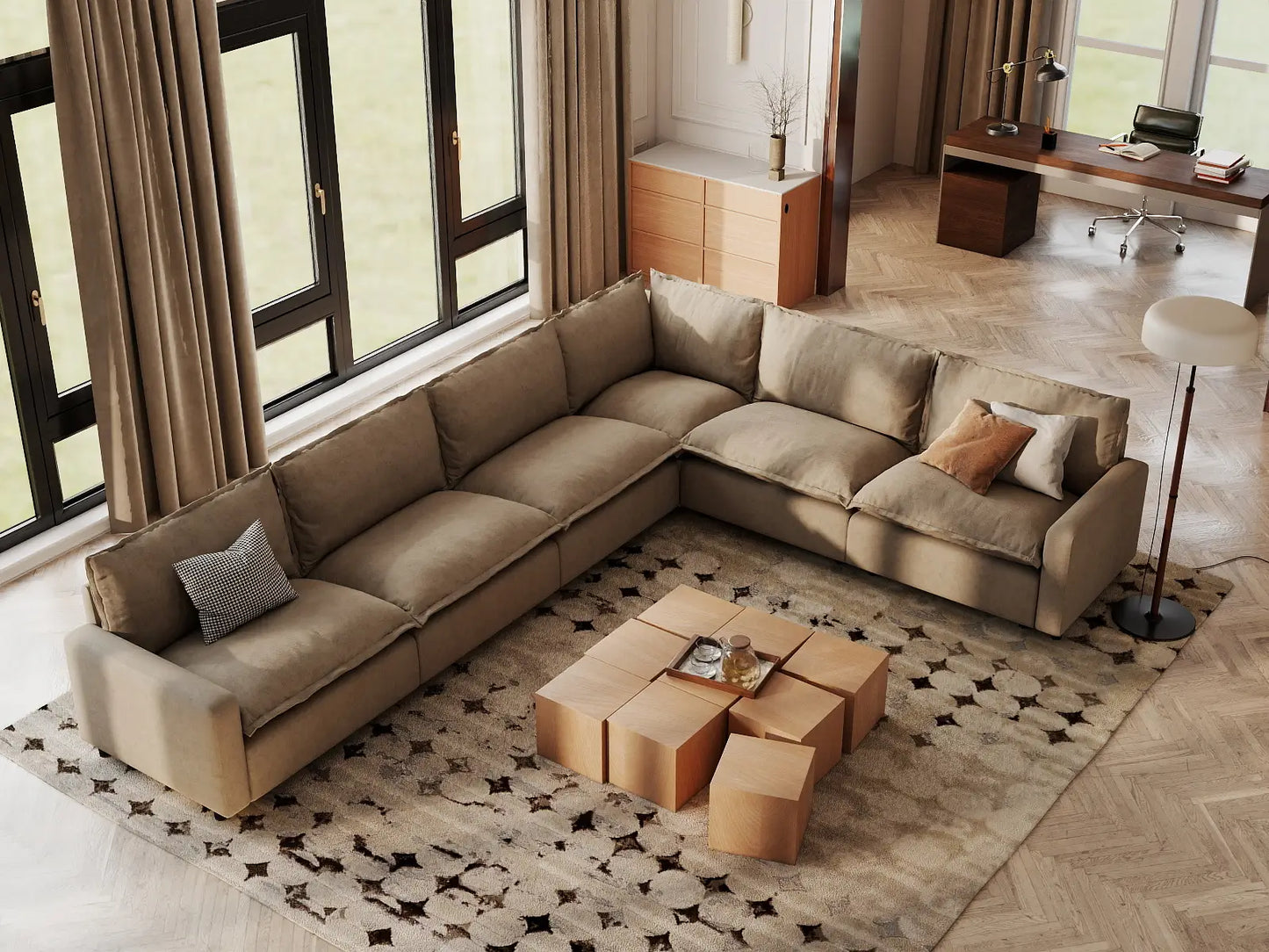 Modular Cero Modular Sectionals | 6-Piece Khaki Linen Large Space V-Shaped Sectionals 6-Seater