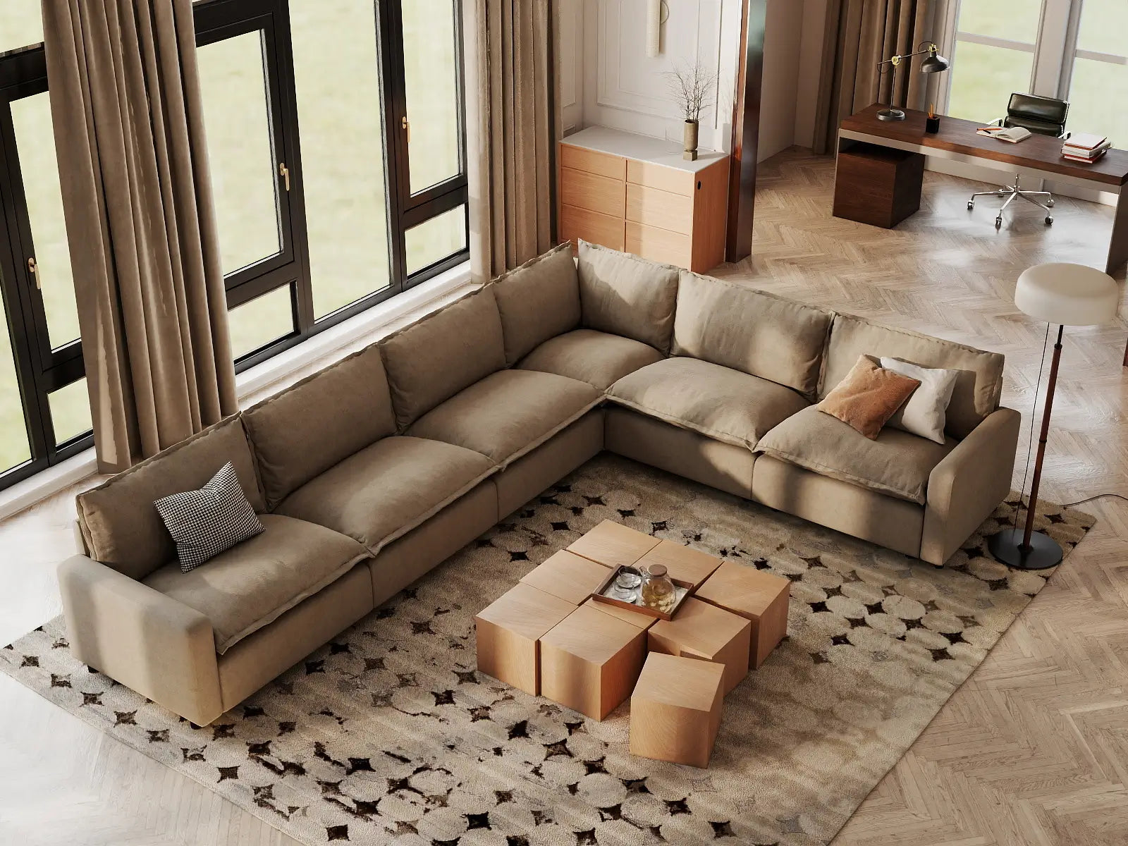 Modular Cero Modular Sectional Sofa | 6-Piece Khaki Linen Large Space V-Shaped Sectionals 6-Seater