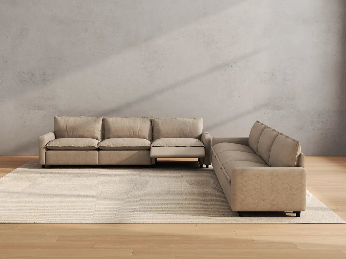 Modular Cero Reclining Sectionals | 6-Piece Khaki Linen Large Space V-Shaped Sectionals 6-Seater