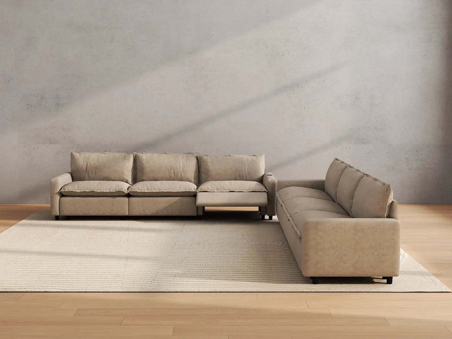 Modular Cero Reclining Sectionals | 6-Piece Khaki Linen Large Space V-Shaped Sectionals 6-Seater