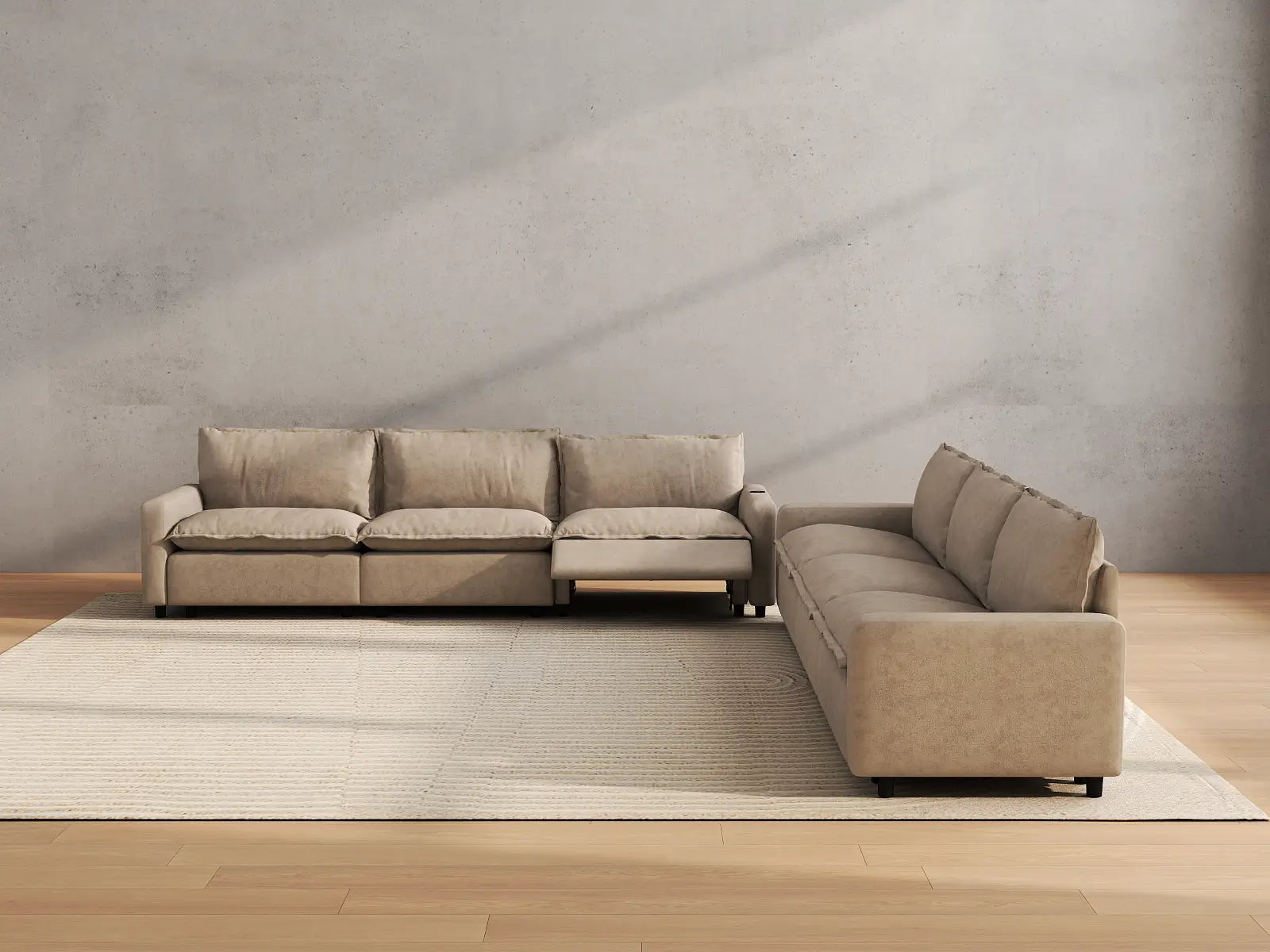 Modular Cero Sectional with Recliner | 6-Piece Khaki Linen Large Space V-Shaped Sectionals 6-Seater