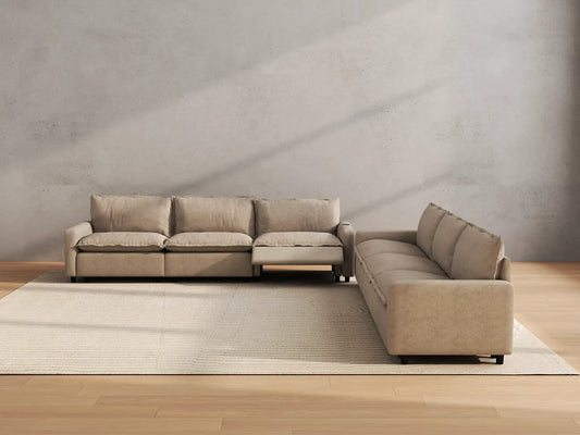 Modular Cero Reclining Sectionals | 6-Piece Khaki Linen Large Space V-Shaped Sectionals 6-Seater