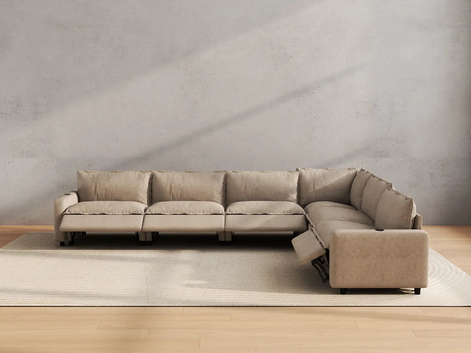 Modular Cero Sectional with Recliner | 6-Piece Khaki Linen Large Space V-Shaped Sectionals 6-Seater