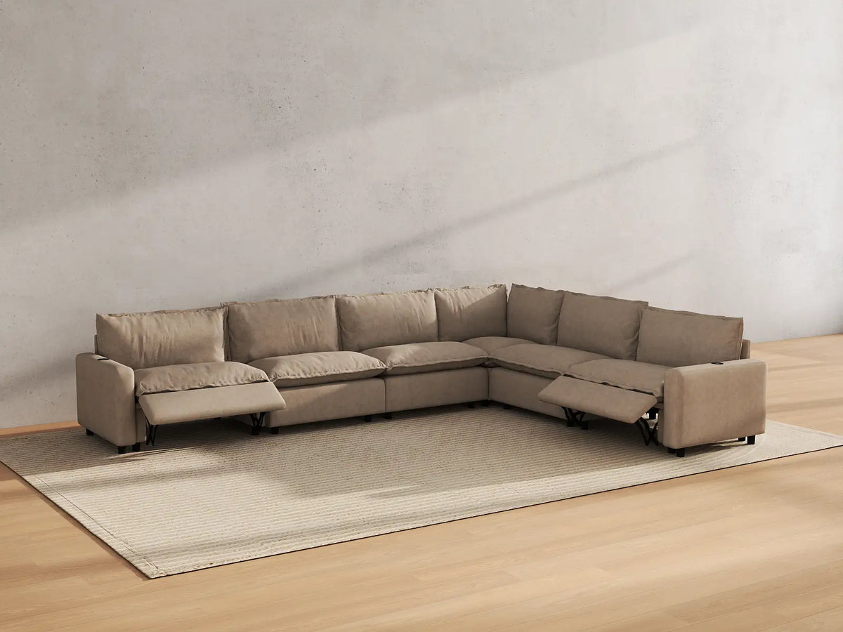 Modular Cero Reclining Sectionals | 6-Piece Khaki Linen Large Space V-Shaped Sectionals 6-Seater