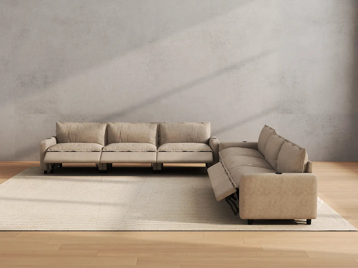 Modular Cero Reclining Sectionals | 6-Piece Khaki Linen Large Space V-Shaped Sectionals 6-Seater