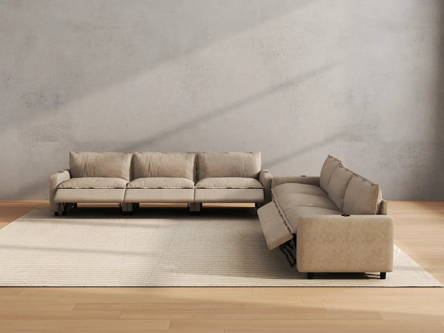 Modular Cero Reclining Sectionals | 6-Piece Khaki Linen Large Space V-Shaped Sectionals 6-Seater