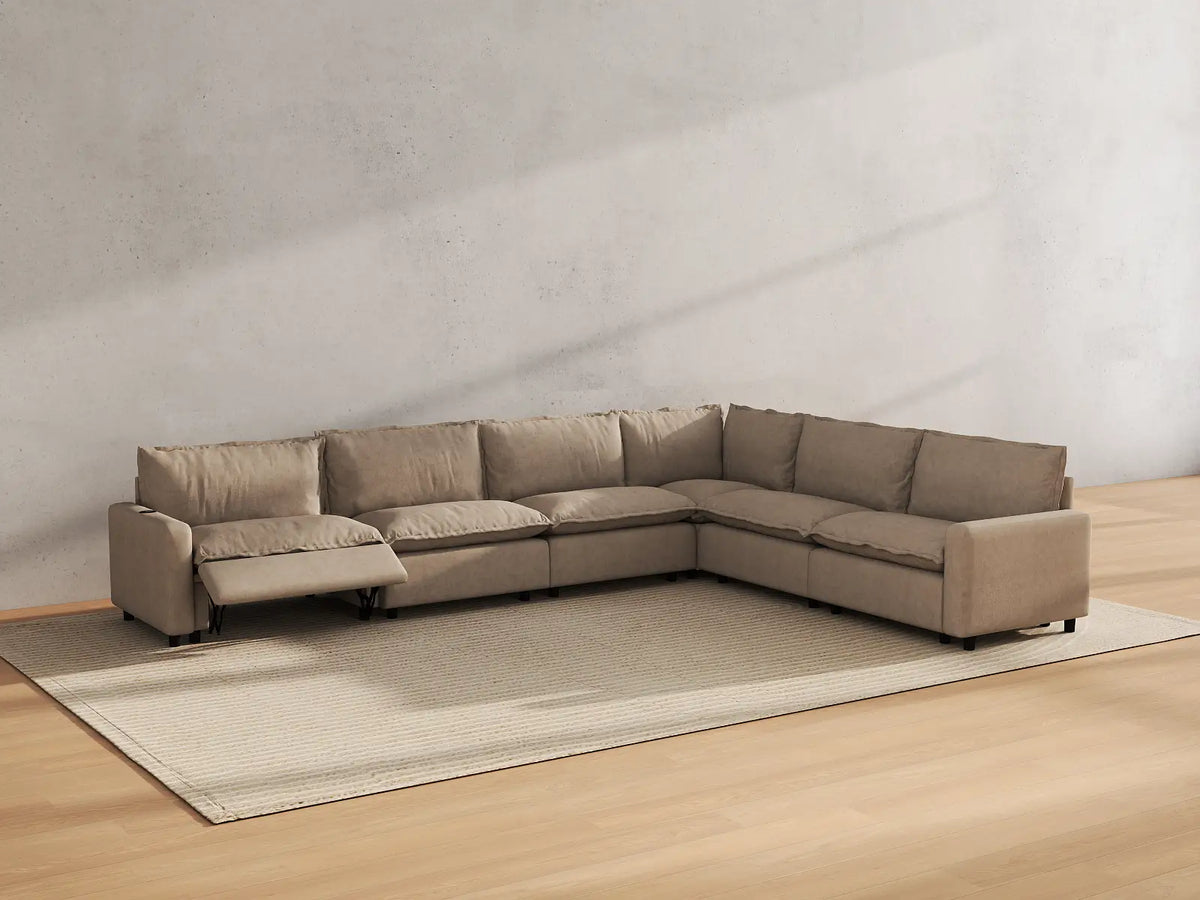 Modular Cero Reclining Sectionals | 6-Piece Khaki Linen Large Space V-Shaped Sectionals 6-Seater