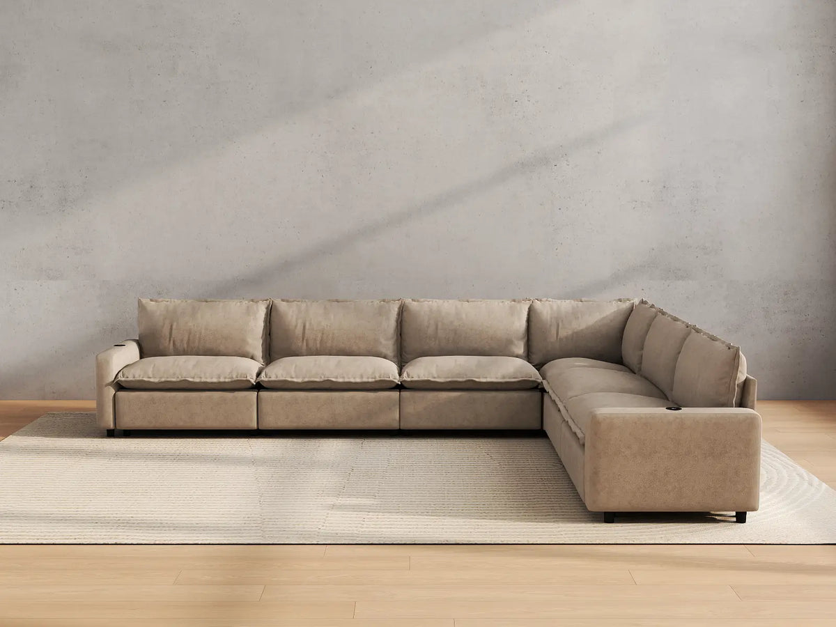 Modular Cero Reclining Sectionals | 6-Piece Khaki Linen Large Space V-Shaped Sectionals 6-Seater