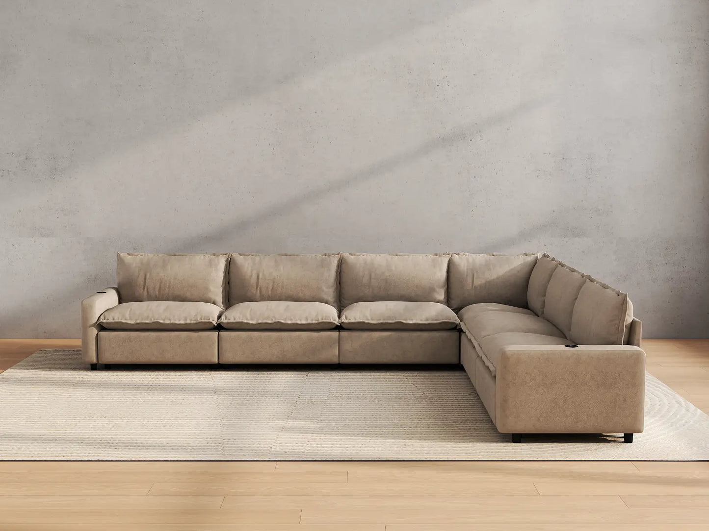 Modular Cero Reclining Sectionals | 6-Piece Khaki Linen Large Space V-Shaped Sectionals 6-Seater