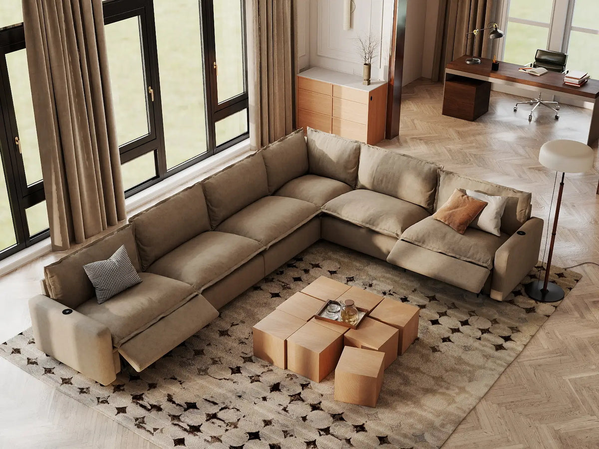 Modular Cero Reclining Sectionals | 6-Piece Khaki Linen Large Space V-Shaped Sectionals 6-Seater