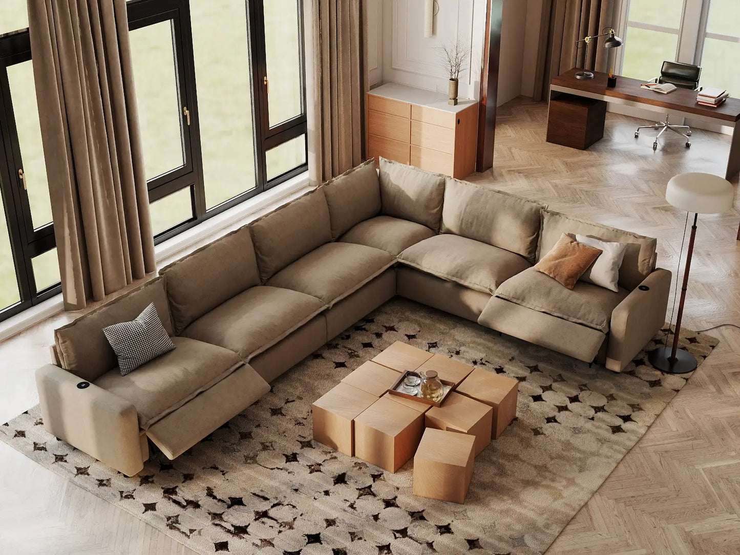 Modular Cero Reclining Sectionals | 6-Piece Khaki Linen Large Space V-Shaped Sectionals 6-Seater
