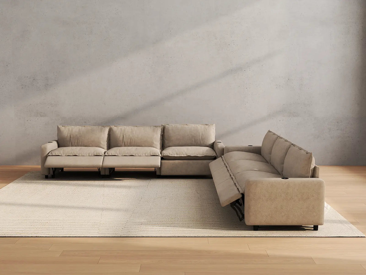 Modular Cero Reclining Sectionals | 6-Piece Khaki Linen Large Space V-Shaped Sectionals 6-Seater