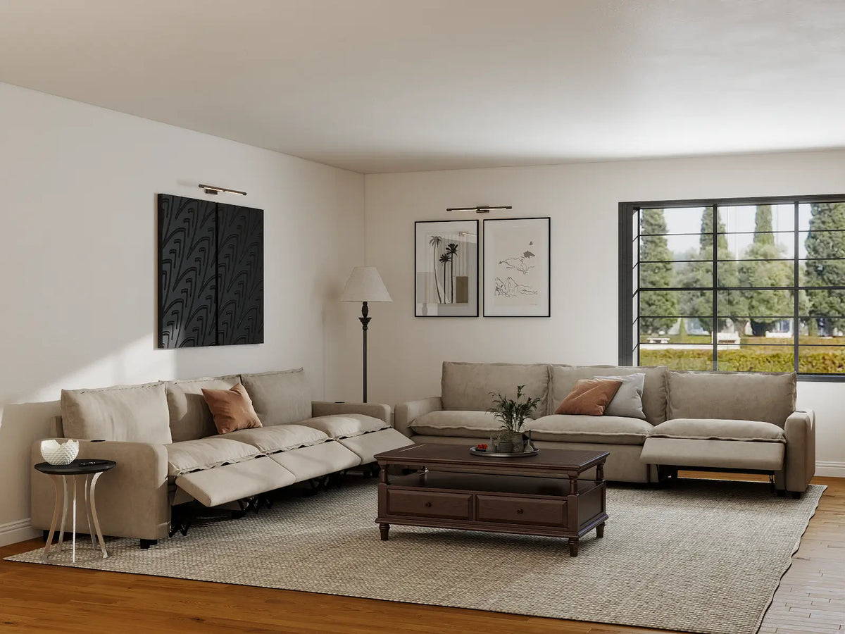 Modular Cero Reclining Sectionals | 6-Piece Khaki Linen Large Space V-Shaped Sectionals 6-Seater