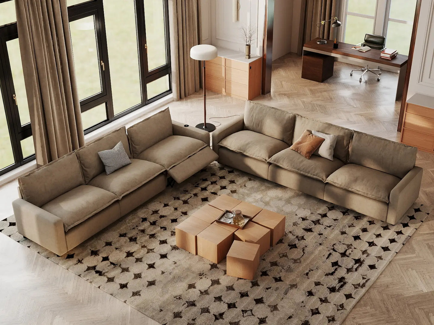 Modular Cero Reclining Sectionals | 6-Piece Khaki Linen Large Space V-Shaped Sectionals 6-Seater