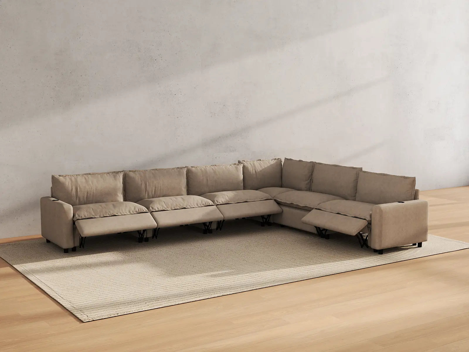 Modular Cero Sectional with Recliner | 6-Piece Khaki Linen Large Space V-Shaped Sectionals 6-Seater