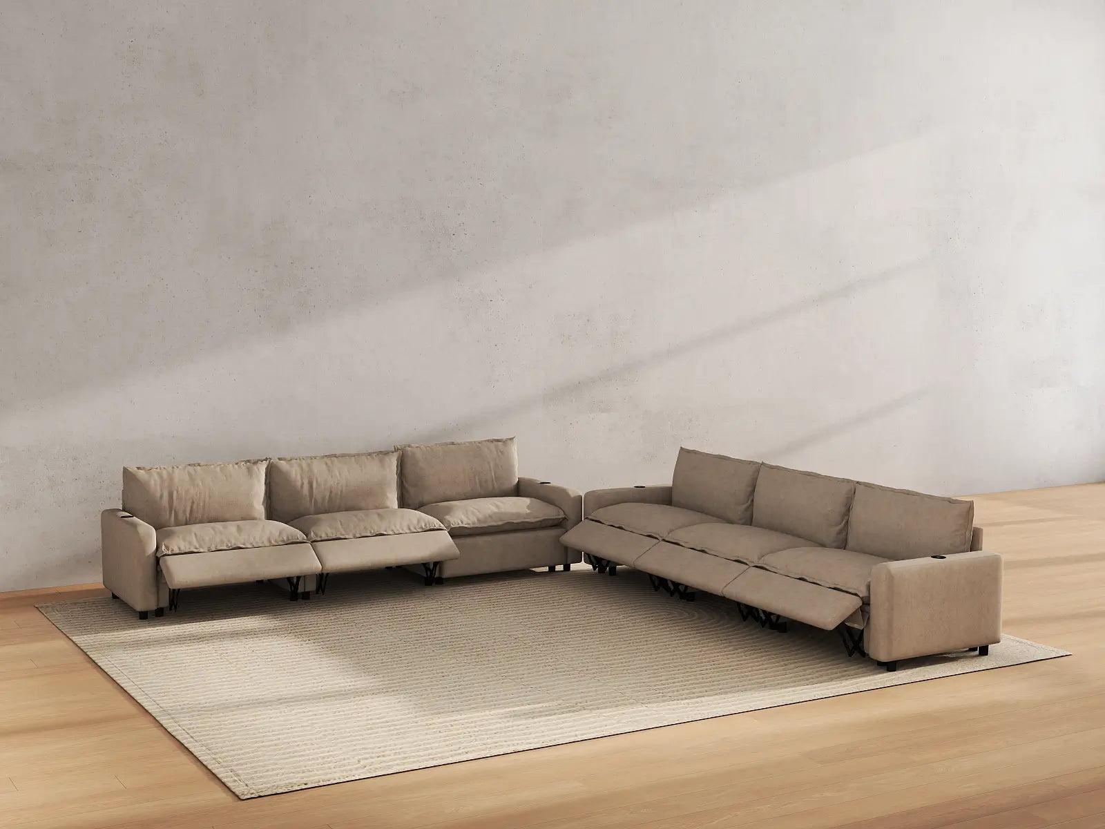 Modular Cero Reclining Sectional Sofa | 6-Piece Khaki Linen Large Space V-Shaped Sectionals 6-Seater